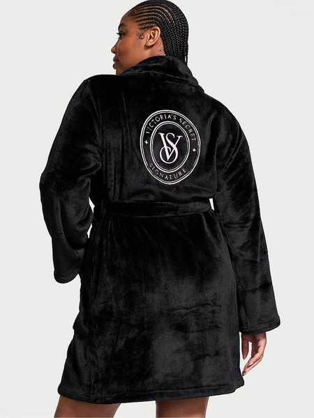 Black Logo Fluffy Short Dressing Gown