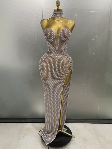 Vestido Largo Transparente de Malla con Pedrería Completa de Lujo 2025 para Mujer, Ideal para Cumpleaños, Celebraciones, Noche, Fiesta de Graduación, Club, Escenario o Disfraz