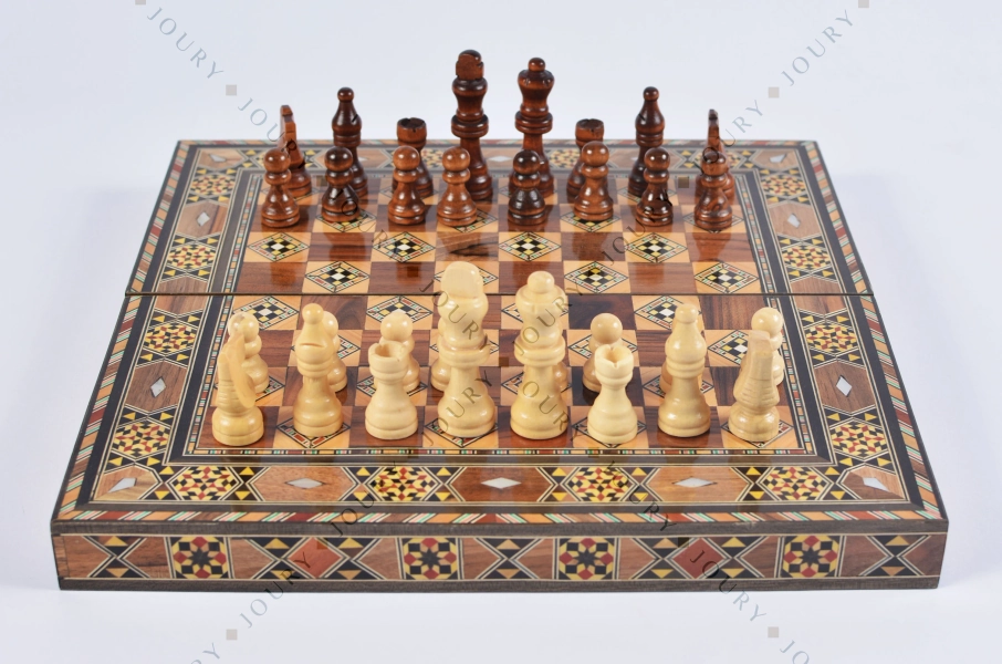 Chess set And Backgammon Set Folding Chess Board with a Storage for the Pieces mosaic inlay with pearls. 