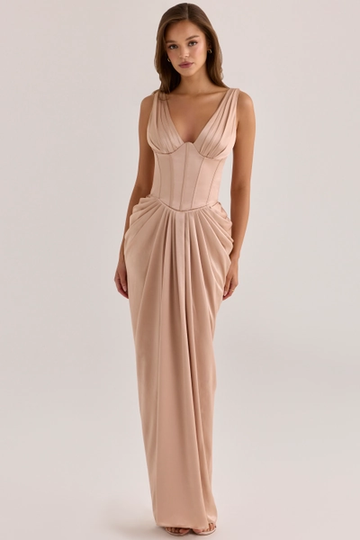 Angeline Champagne Satin Corset Maxi Dress