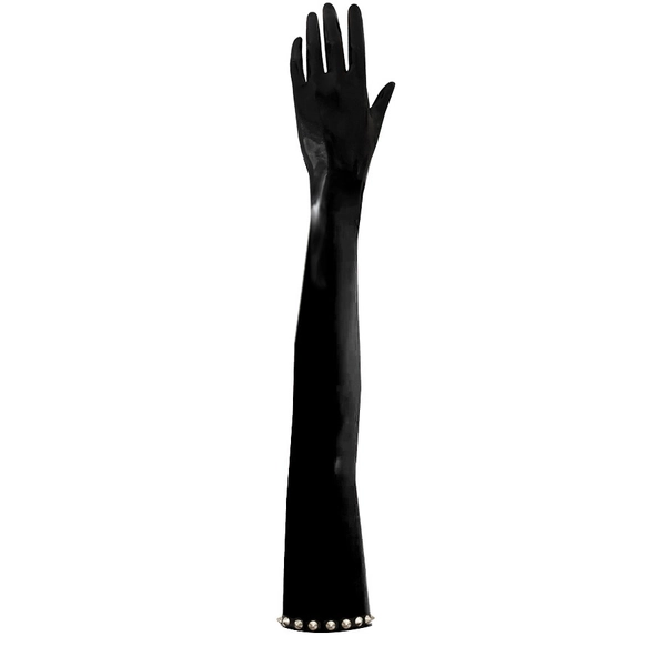 Latex Moulded Opera Gloves w/ silver studs trim in black/silver studs