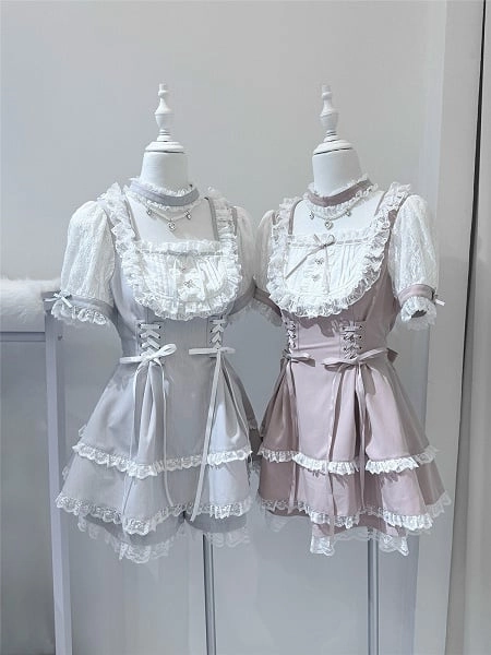 Pink & White Ryousangata Fashion Two-Piece Set - Lace Trim Short Sleeve Dress With Bead Chain Choker Design + Matching Shorts