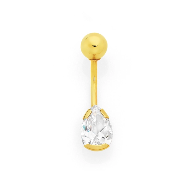 9ct Gold CZ Pear Belly Bar