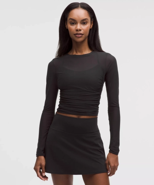 Mesh Ruched Long-Sleeve Shirt - Black - XL