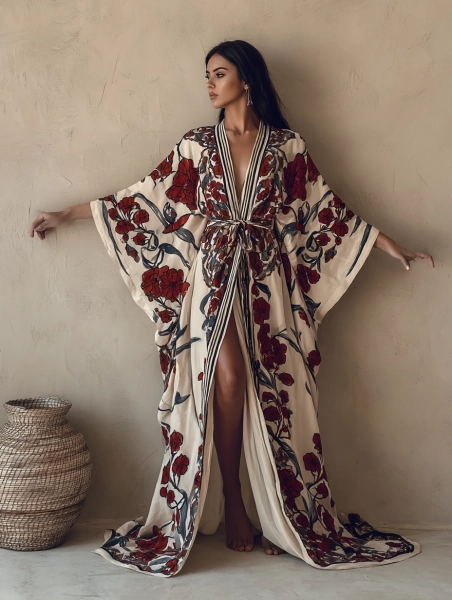 Women's Red Hollyhock Kimono Linen Robe (Including Belt) - Size M