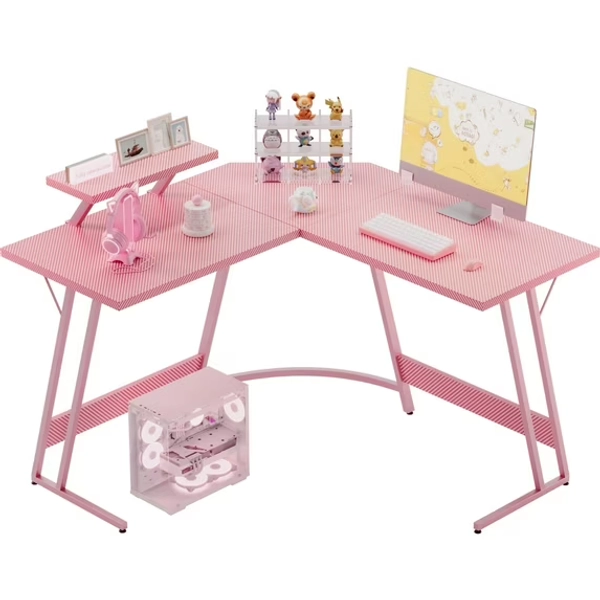 Homall L-Shaped Gaming Desk 47 Inches Corner Office Desk with Removable Monitor Riser, Pink