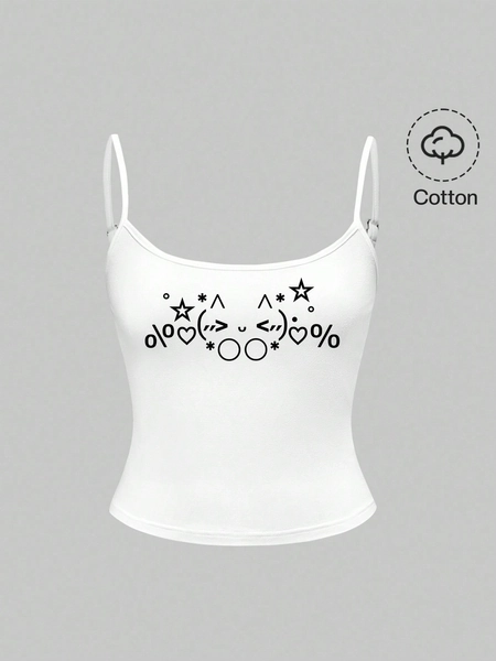 ROMWE Kawaii Cute Emoticon, Korean Style Kitten, Star, Heart Graphic Camisole For Women