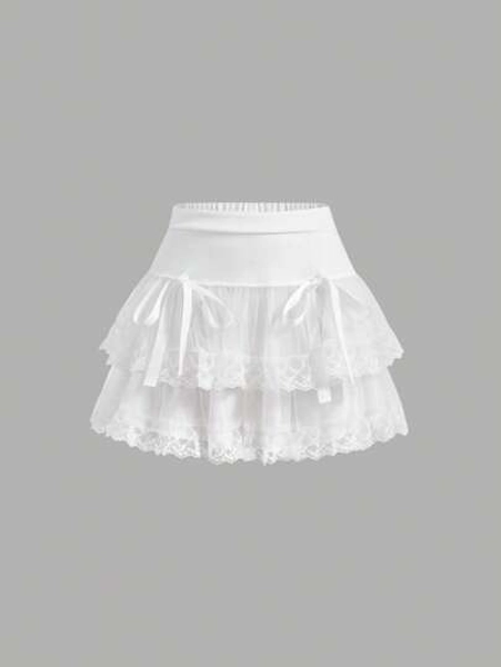 SHEIN MOD Contrast Embroidery Mesh Tie Front Layer Hem Skirt