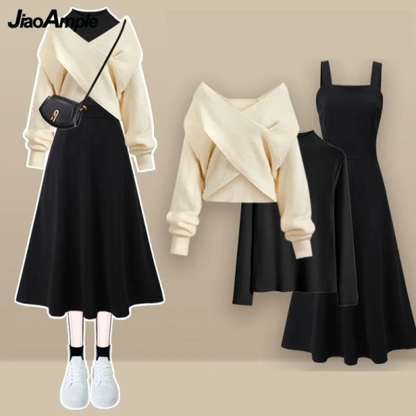 2025 Otoño/Invierno nuevo conjunto coreano elegante a juego moda mujer suéter de punto cruzado + camisa inferior + vestido de tirantes traje de tres piezas - AliExpress 200000345