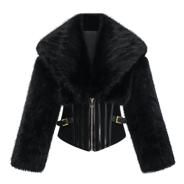 Alberta Black Faux-Fur Corset Panel Jacket