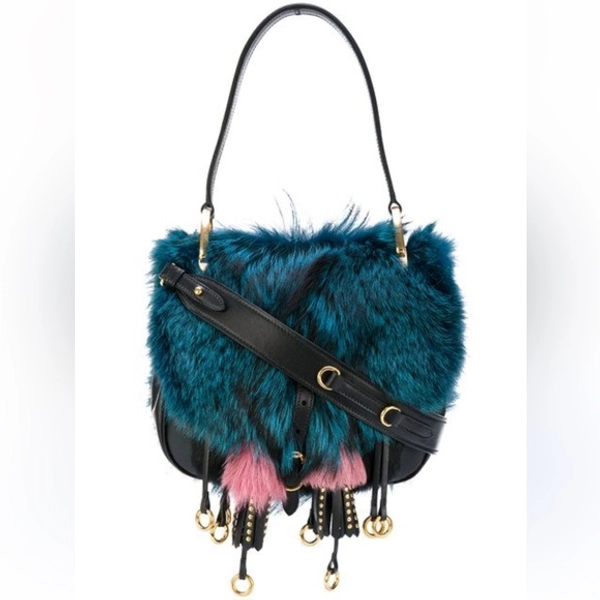 PRADA CORSAIRE FOX-FUR AND LEATHER SHOULDER BAG IN BLUE