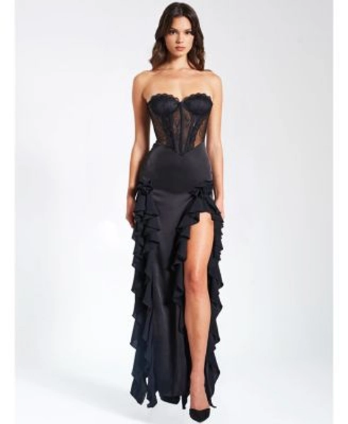 Women's Talia Black Satin Lace Corset Maxi Dress