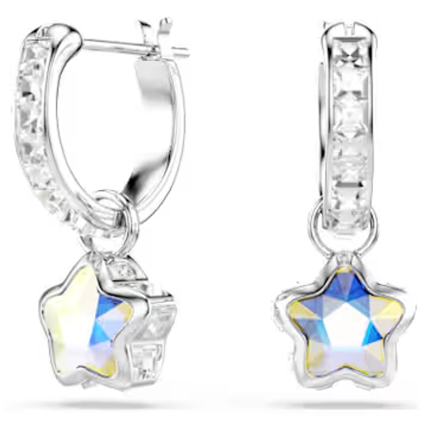 Chroma drop earrings, Mixed cuts, Star, White, Rhodium plated