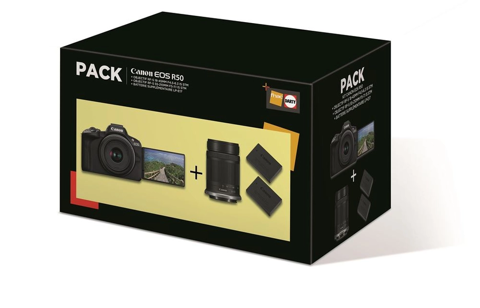 Pack Fnac Appareil photo hybride Canon EOS R50 Noir + RF-S 18-45mm f/4.5-6.3 IS STM + RF-S 55-210mm f/5-7.1 IS STM + 2Ăšme batterie + chargeur