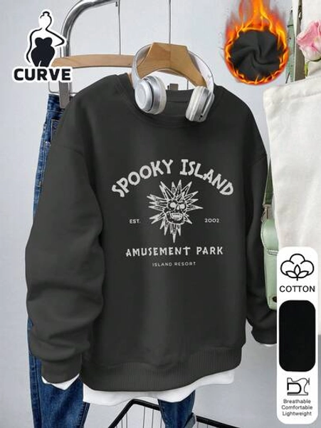 SPOOKY ISLAND Printed Autumn And Winter Plus Size Women's Casual Fashion Cotton Plus Velvet Round Neck Sweatshirt, Plus Velvet Sweatshirt, Warm Tops, Cotton Clothing, Plus Size Women's Clothing,Chinese New Year, Lunar New Year, Year Of The Year Of The Horse, Spring Festival,Happy New Year , Valentine's Day, Valentine's Gift, Valentine's Day Gift For Her, Valentine's Present