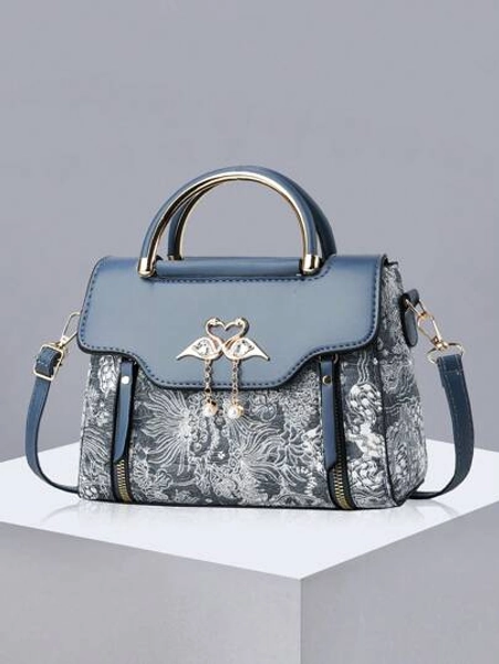 Women’s Solid Color Square Handbag with Top Handle and Shoulder Strap, Mini Fashion Shoulder Bag with Buckle Detail