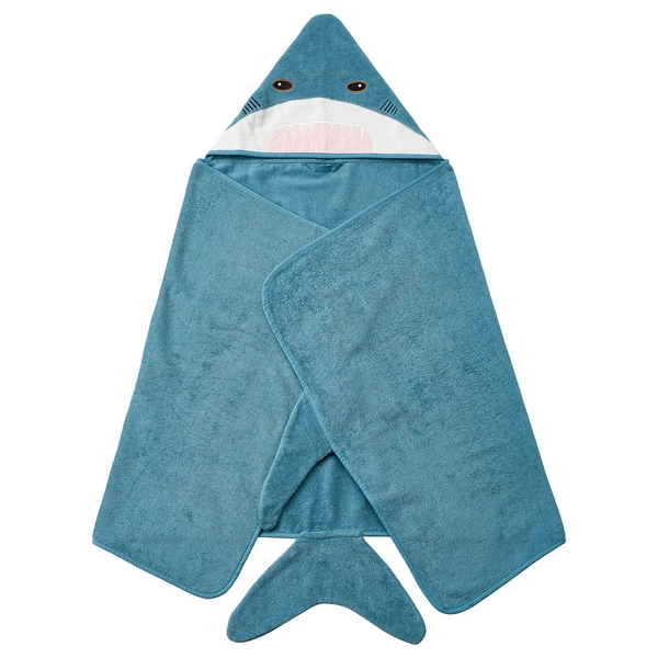 BLÅVINGAD Towel with hood - shark-shaped/blue-gray 28x55 "