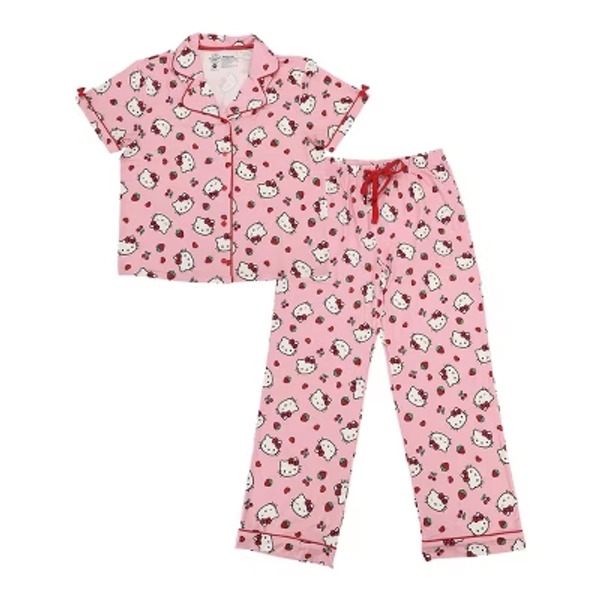 Hello Kitty Heads with Strawberries Women's Pink Pajama Set-Medium