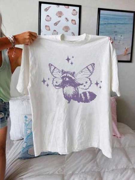INAWLY Camiseta feminina de verão grande com estampa de guaxinim, gola redonda, manga curta, solta, casual, camiseta gráfica, tops femininos