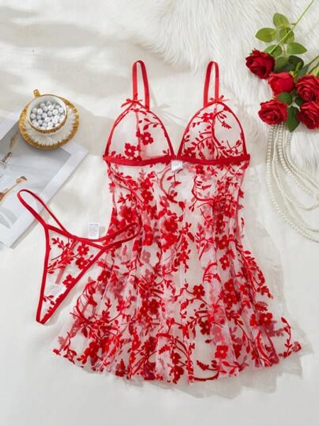 2 pezzi Set di biancheria da notte con fiori e rete, completo di lingerie adatto per San Valentino, per appuntamenti, feste e uscite