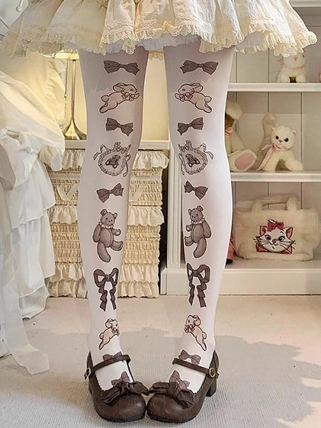 [$12.99]Brown/Pink Bunny and Bear Print Sweet Lolita  Tights
