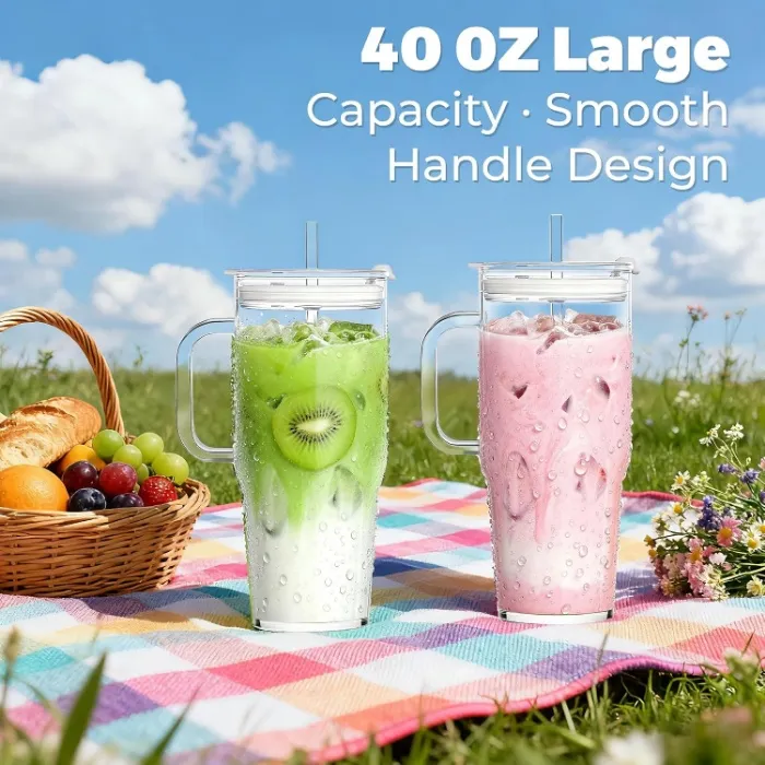 40OZ Glass Tumbler with Handle Lid & Straw