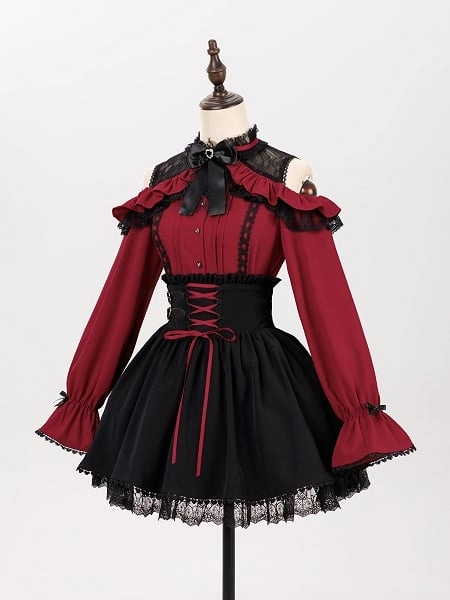 [$36.00]Button-down Front Placket Jirai Kei Wine Red Blouse with Black Lace and Sweet Bow Details