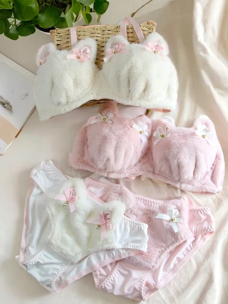 Orelhas de gato de pelúcia adolescente conjunto de sutiã bonito de seios pequenos reunidos conjuntos de roupa interior quente de outono e inverno lingerie calcinha - AliExpress 
