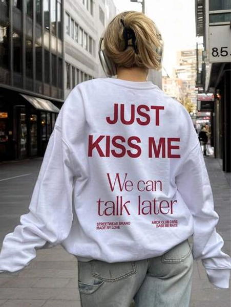 Moletom feminino casual com gola redonda e estampa simples em inglês, moderno e versátil para uso diário, outono/inverno