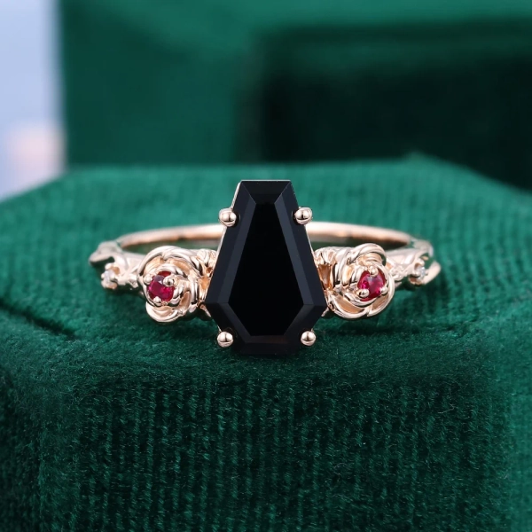 Coffin Shaped Black Onyx Statement Ring Ruby Roses Accented Gothic Ring