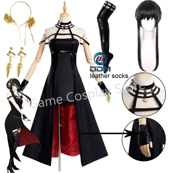 Anime Yor Forger Cosplay kostuum Hoofdband Oorbellen Lederen Kous Pruik jurk volledige set voor Halloween Carnaval Party Comic Con