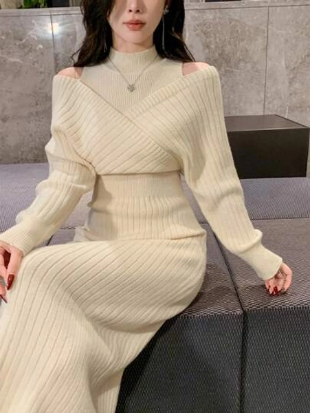 DAZY Women Minimalist Solid Color Stand Collar Cutout Shoulder Waist Knit Sweater Dress, Autumn