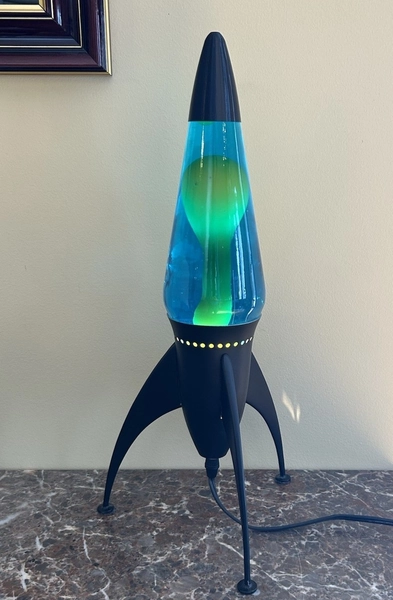 Vintage 1990s Lava Lite Light Starship Lamp Black Rocket Blue W/ Yellow Lava