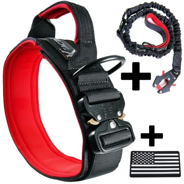 Tactical Dog Collar K9 Rugged Heavy Duty Handle Black + Red Ktactical Kit Patch