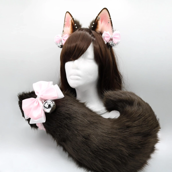 Brown and Pink Puppy Ears and Tail Set - Faux Fur Ears and Tail Set, Puppy Ears, Realistic Puppy Dog Set, Petplay Set, Furry Ears and Tail