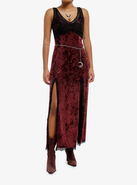 Cosmic Aura Maroon Velvet Moon Chain Slit Maxi Dress