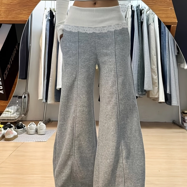 Women's Wide- Bell-Bottom Pants Suitable for - High-Waisted Lace Trim Flare Pants, Loose Fit Bell Bottoms, Machine Washable Year-Round Casual & Dressy Outfits (No Transparency)