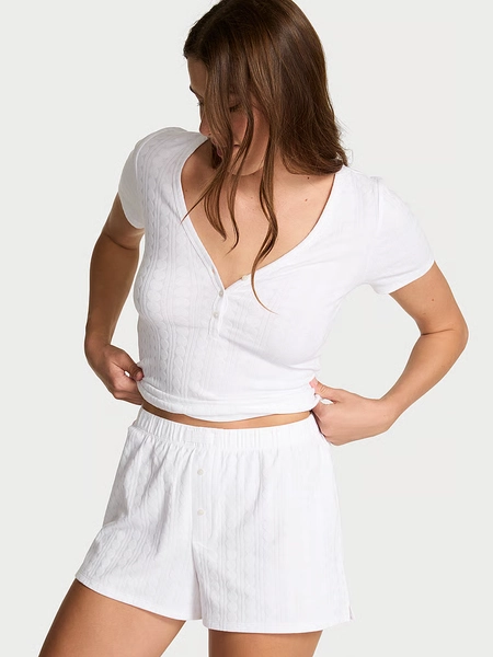 Heart Pointelle Short-Sleeve Henley & Shorts Set