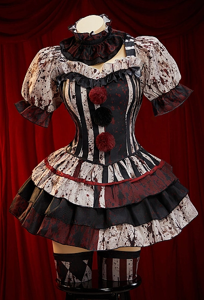 Terrifier Derivative Blood Print Outfit Set Color-blocked Striped Dress with Sleeves and Socks