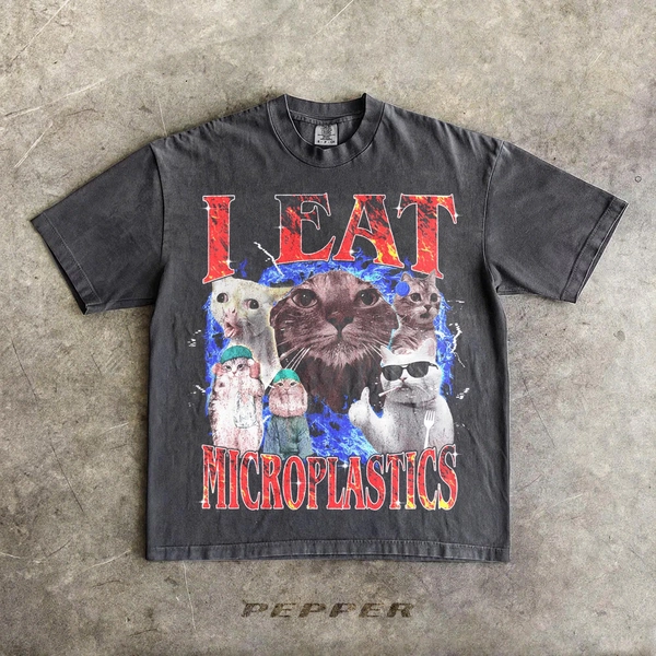 Cursed Cat Shirt, I Eat Microplastics Graphic Tee for Men Women, Funny Meme T-Shirt, Sarcastic Weirdcore Top, Gen Z Humor Gift