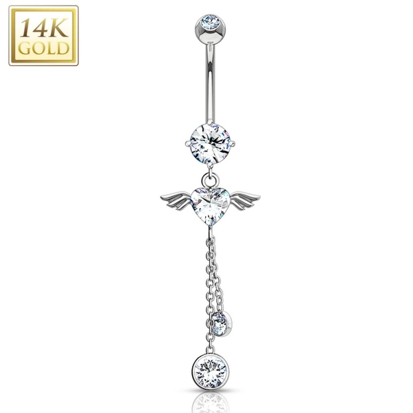 14 Kt. white gold belly bar with crystal heart and angelic wings