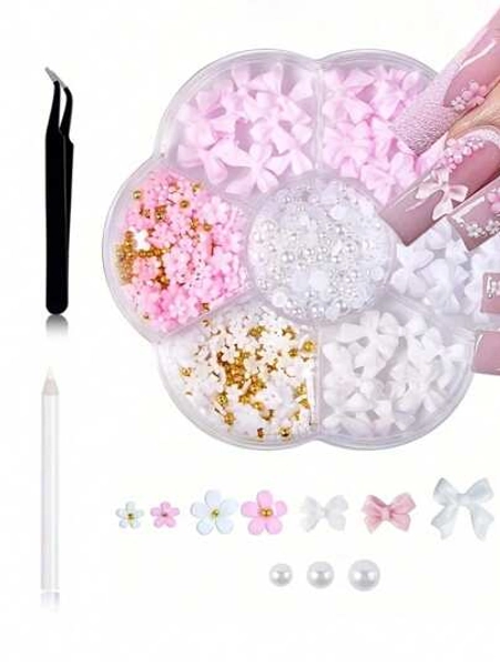 600Pcs Bow Nail Charms And Flatback Pearls,White Pink Bowknot 3D Cute Nail Charms Flower For Nail Supplies Design,White Half Pearls For Nail Decoration DIY Crafts Y2K Nail Art Accessories