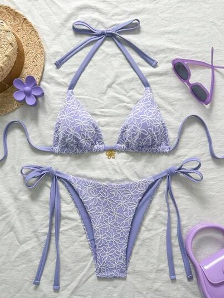 Swim Mod Plus Size Women 2pcs/Set Sweet Cute Floral Textured Halter Neck Tie Bikini Swimsuit For Beach Holiday For Summer Beach Vacation