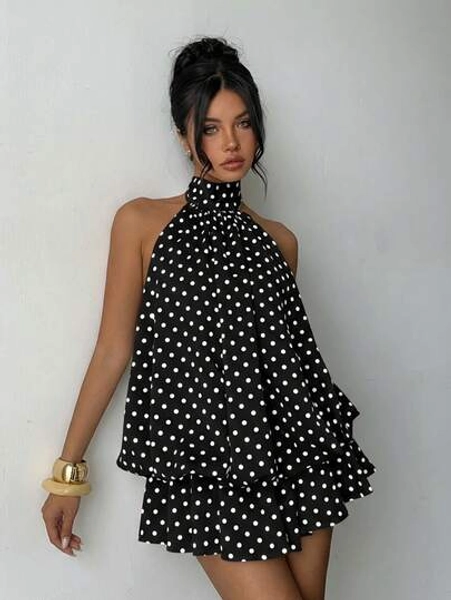 Aloruh Women's Elegant Polka Dot Print Halter Backless Mini Dress