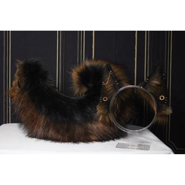 Dark Brown Faux Fur German Shepherd Ears with Gauges Headband and Tail Set