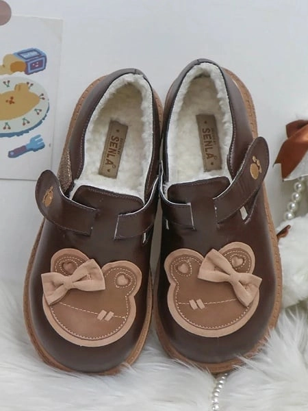 [$35.00]Sweet Brown Bow Accent Bear at Top Beige Flat Shoes with Thick Sole with Velcro Strap Closures
