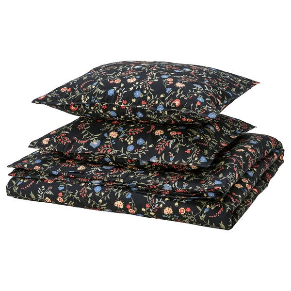 BRUDKRUSBÄR Capa de edredão+2 fronhas - preto multicor/padrão floral 240x220/50x60 cm