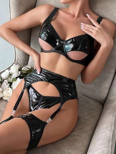 Conjunto de Lingerie Sexy em Couro PU Vazado, Ideal para Sair - Tamanho L