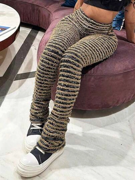 Women's Leggings Women's Layered Striped Plush Knitted Ultra-Long Pants Sexy Women's Clothing