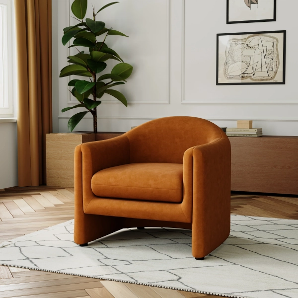 Esly Upholstered Modern Curved Rusted Orange Velevt Barrel Accent Chair
